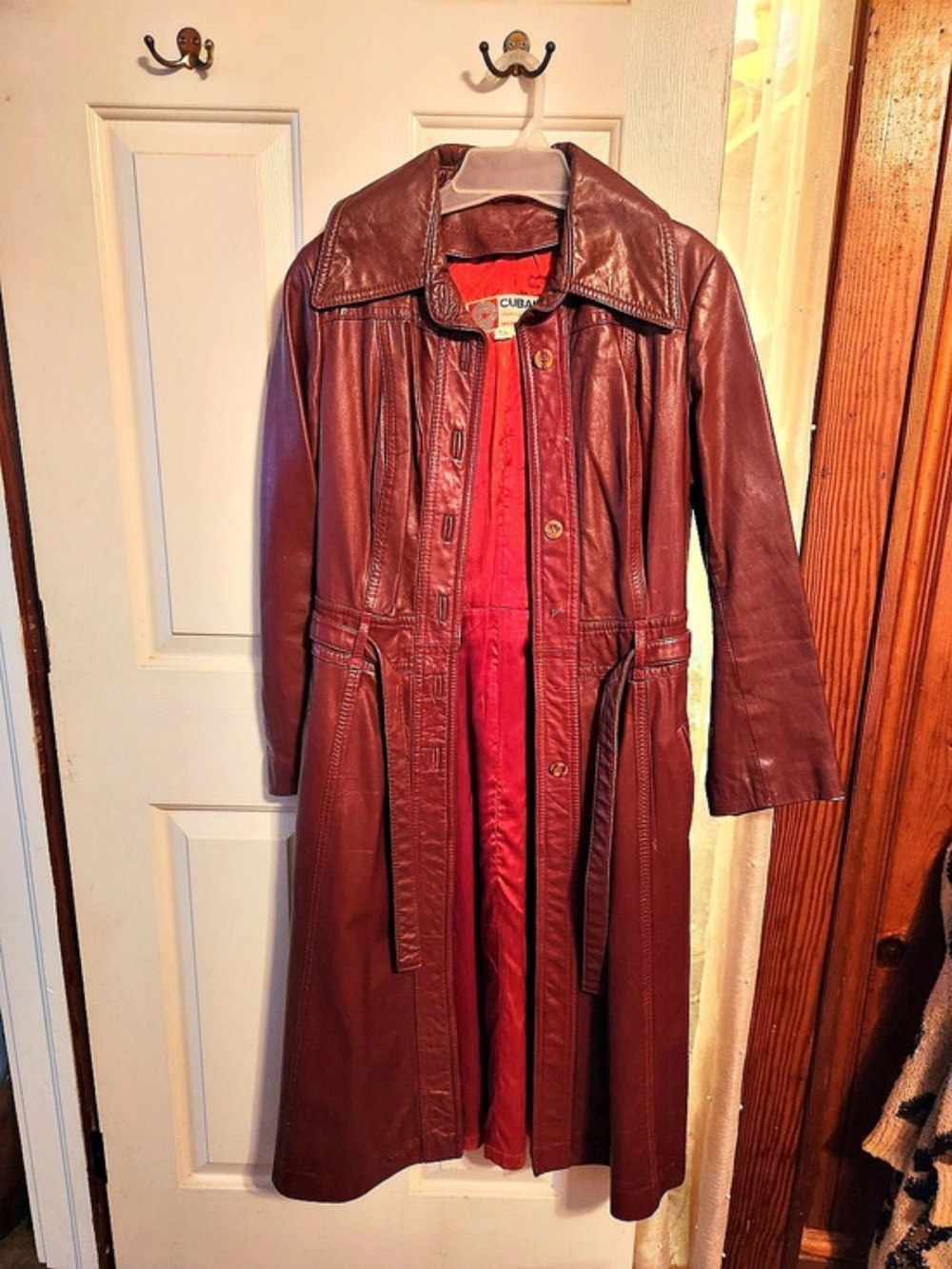 Cubalan Leather Long Coat Red & Brown Size 11